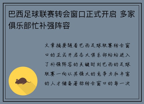 巴西足球联赛转会窗口正式开启 多家俱乐部忙补强阵容